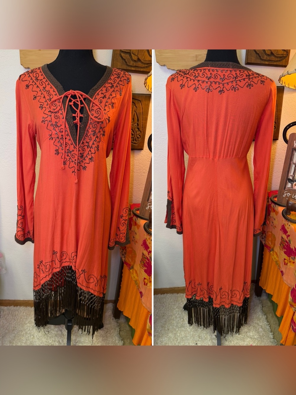Rancho Estancia Beaded Dress Orange Brown Fringe Boho Western Cowgirl Hippie LRG